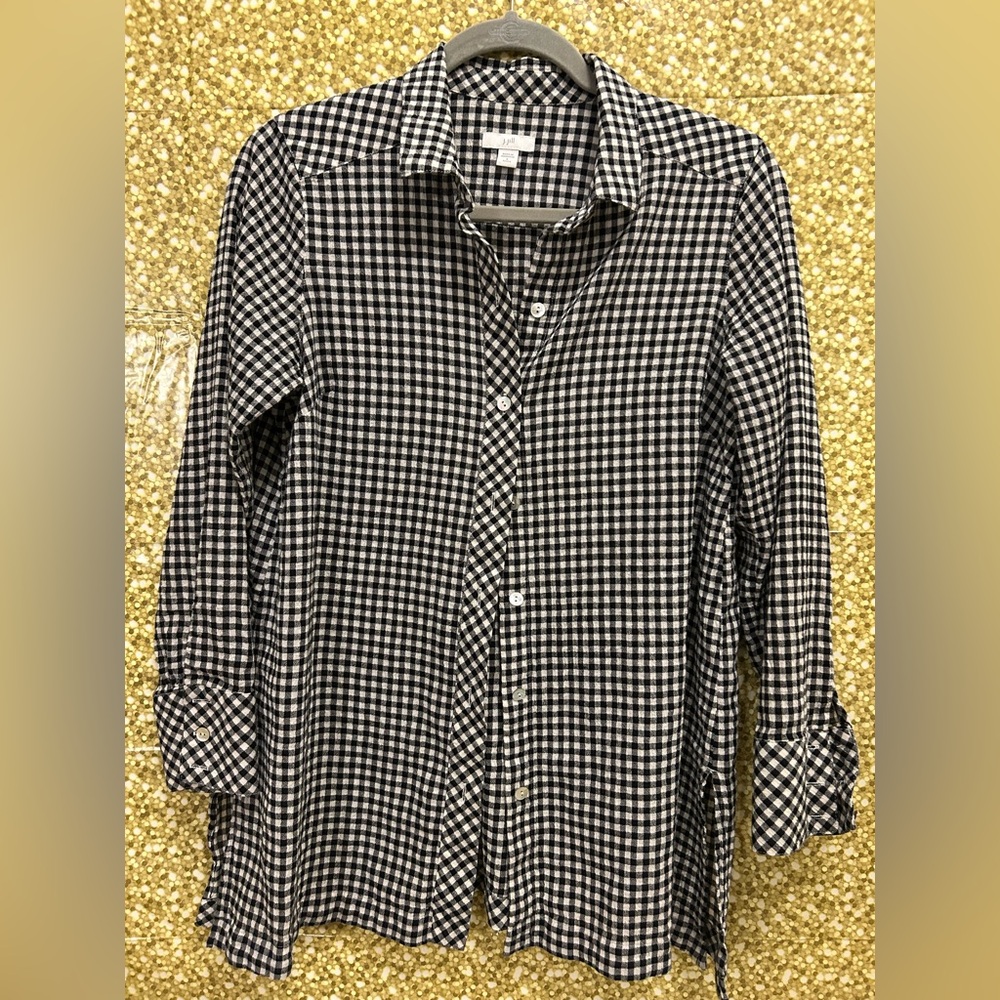 J Jill Preloved Black & White Gingham Buttoned Blouse, Size Small Petite
